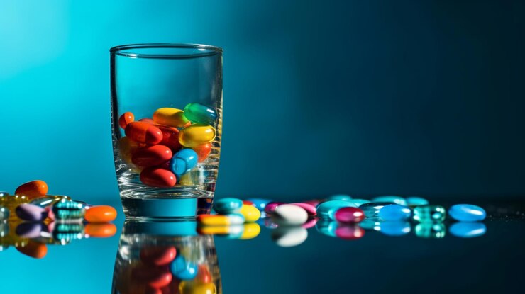 scattering various colorful pills medicine is reflected glass surface against bright blue background 250469 13106